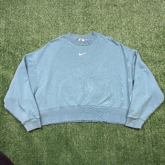 Nike Tops - Nike Sweatshirt Women's Size M Blue Pullover Cropped Oversize Boxy Swoosh Center